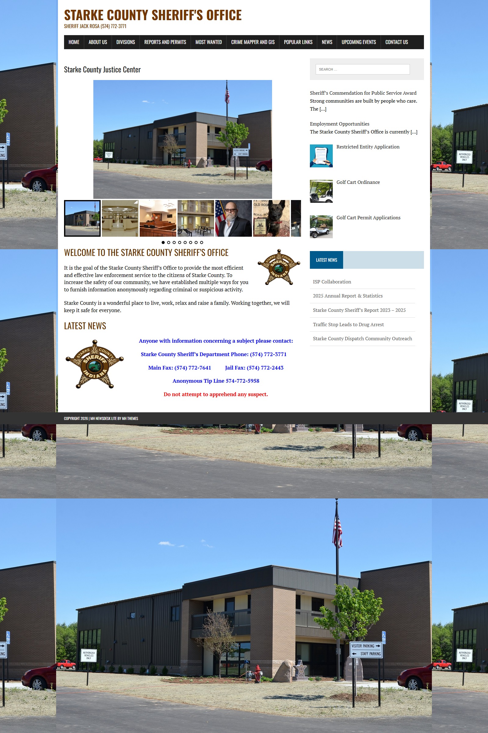 Starke County Justice Center sheriff homepage and inmate custody contact context