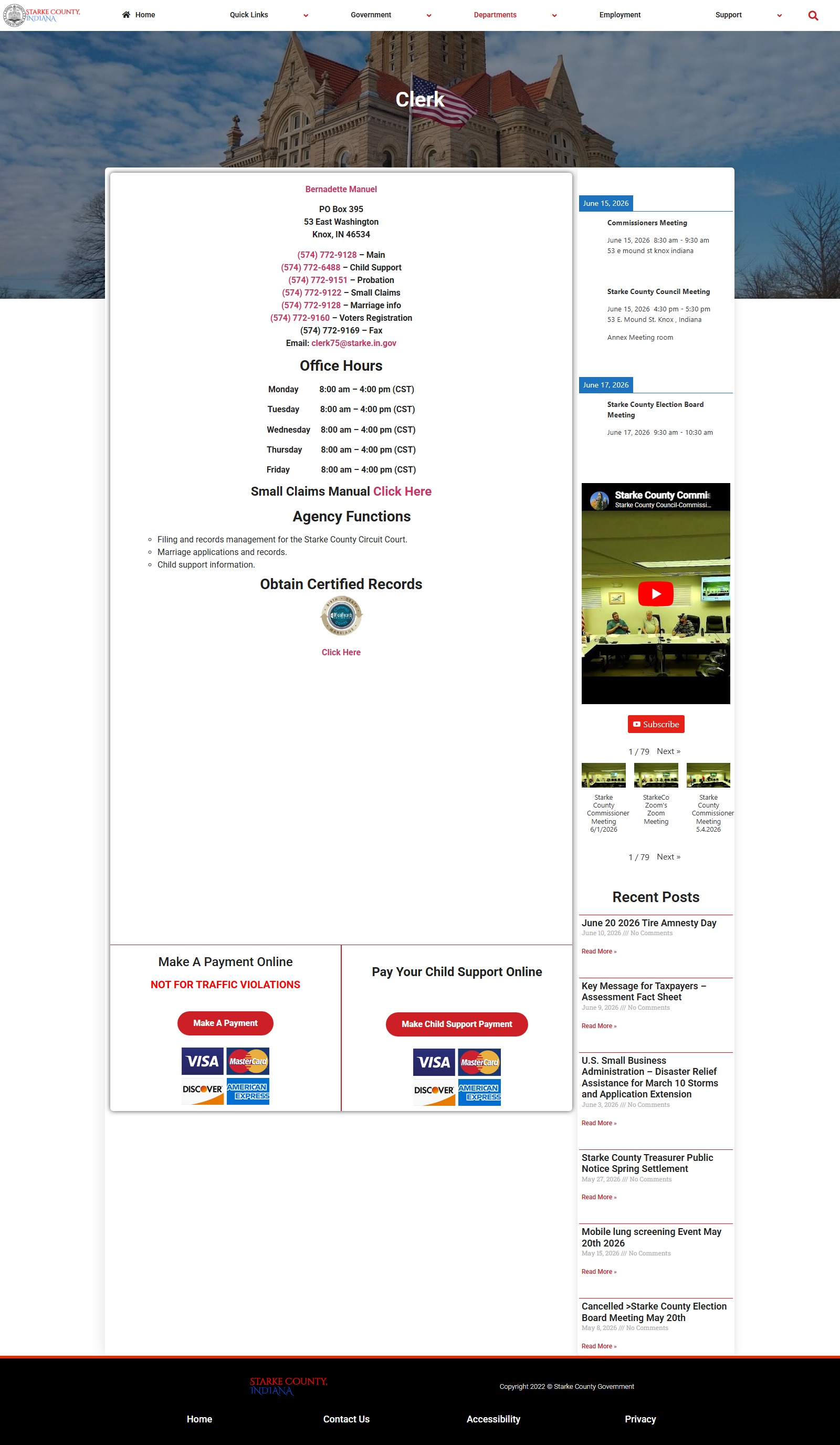 Starke County Clerk contact page for court-filed booking photo records