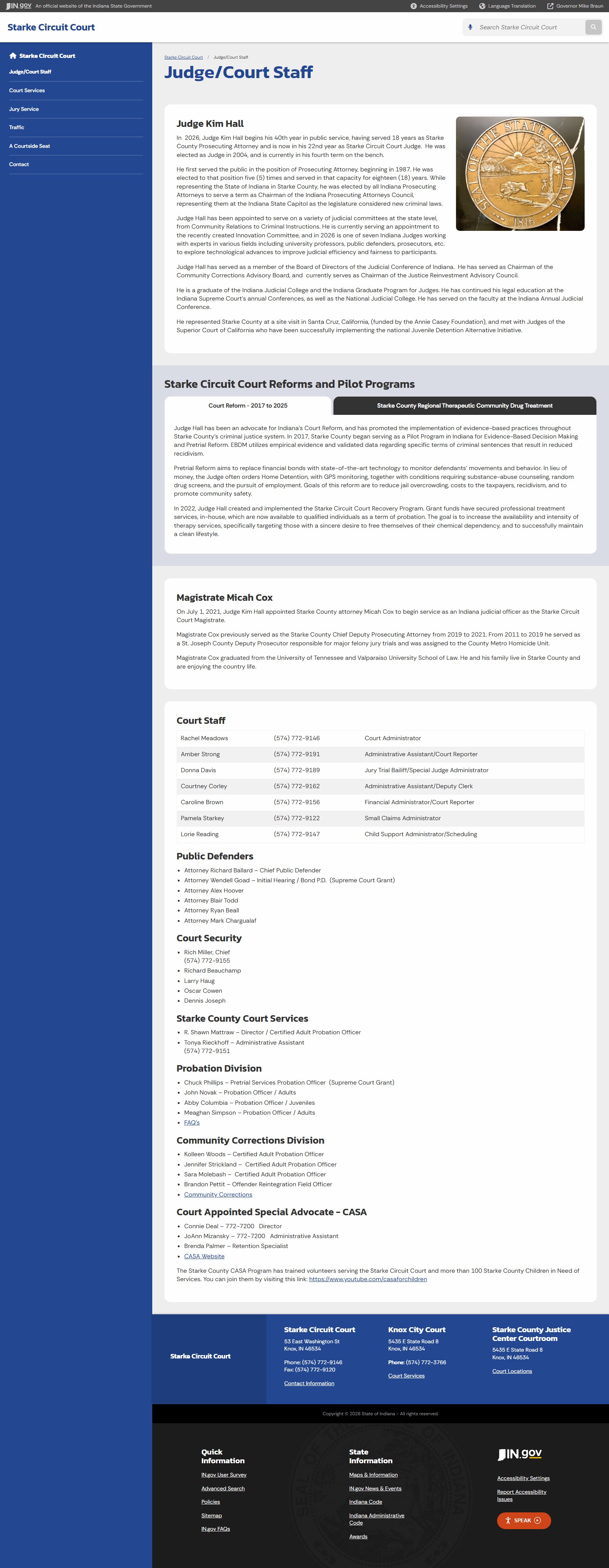 Starke Circuit Court page with court staff and pretrial reform details