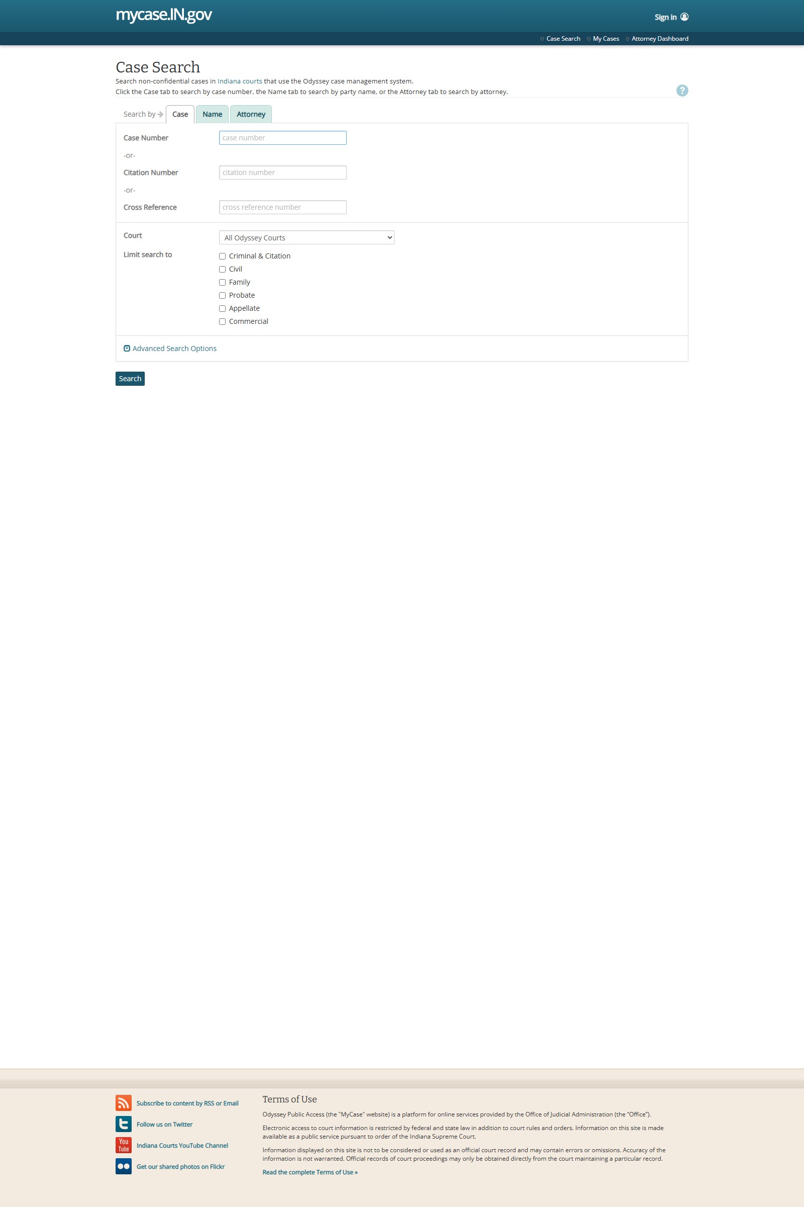 Indiana MyCase public court search page for case lookup
